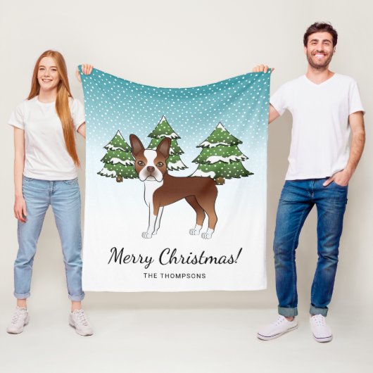 Couverture Polaire Red Et White Boston Terrier Dans Une Forêt D'Hiver (En situation)