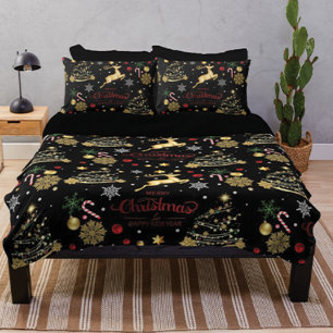 Couverture Polaire Red Gold Reindeer Joyeux sapin de Noël