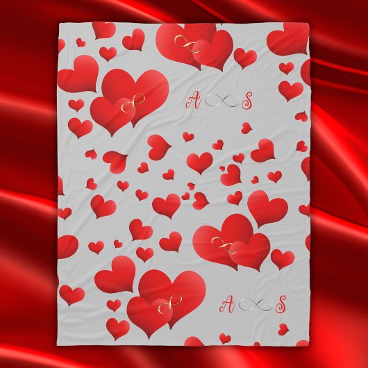 Couverture Polaire Red Hearts Infinity Initiales Monogramme sur gris