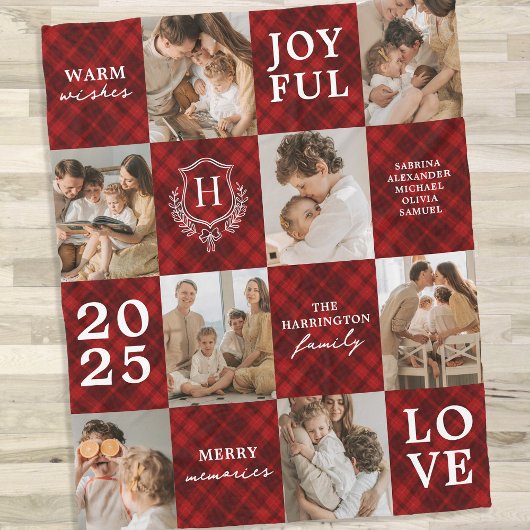 Couverture Polaire Red Plaid Family Monogram Photo Collage Christmas