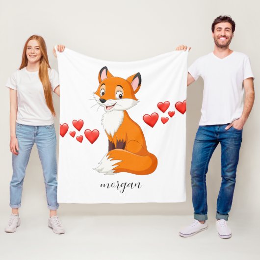 Couverture Polaire Renard mignon, Coeurs rouges, Nom de l'enfant ou v (En situation)