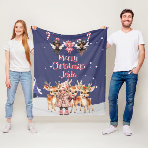 Couverture Polaire Renne de Noël à la menthe poivrée Fée avec nom