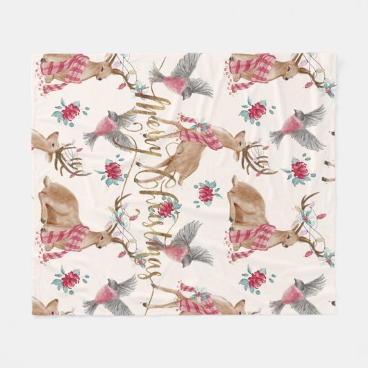 Couverture Polaire Rennes, Oiseaux, Fleurs (Devant (Horizontal))