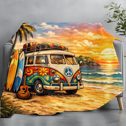 Couverture Polaire Retro 60s Hippie Beach Bus Sunset | Surf Van Life