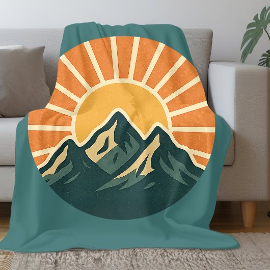 Couverture Polaire Retro Blue Mountain Sunrise | Outdoor Nature Teal