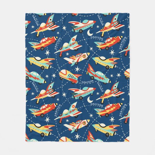 Couverture Polaire Retro Space Rocket Cars Blue Nom personnalisé (Devant)