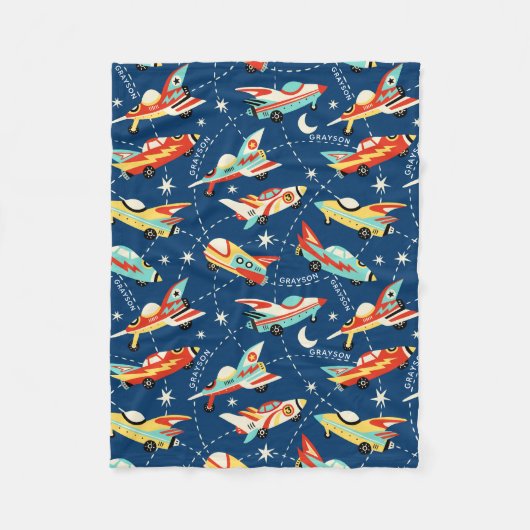 Couverture Polaire Retro Space Rocket Cars Blue Nom personnalisé (Devant)