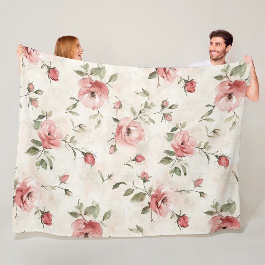 Couverture Polaire Romantic Cream Pink Roses Floral (En situation)