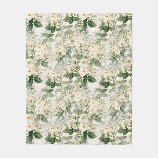 Couverture Polaire Romantique Fleurs blanches douces et Feuilles vert (Devant)