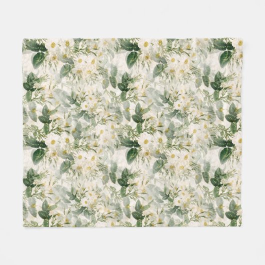 Couverture Polaire Romantique Fleurs blanches douces et Feuilles vert (Devant (Horizontal))