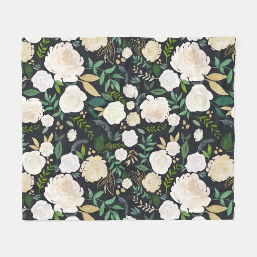 Couverture Polaire Rose blanche et fleurs vertes (Devant (Horizontal))