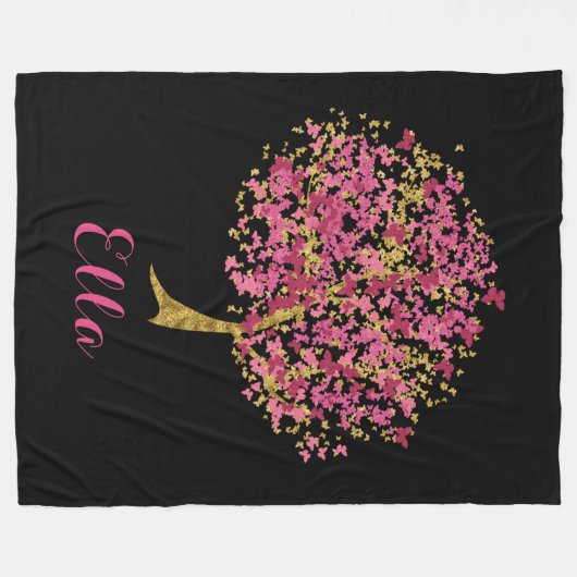 Couverture Polaire Rose et arbre de papillon d'or (Devant (Horizontal))