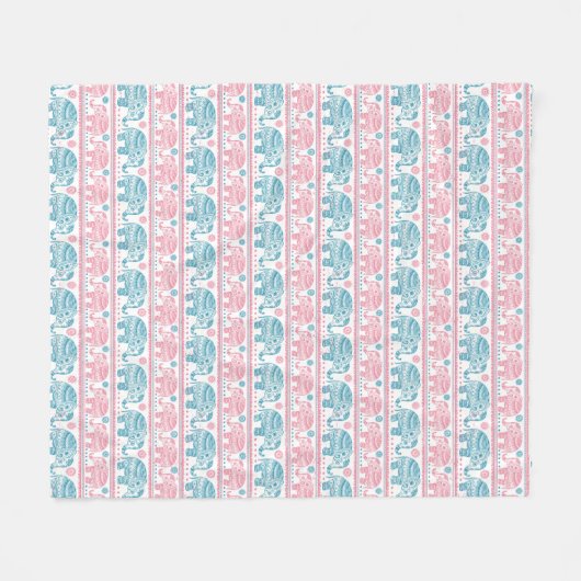 Couverture Polaire Rose et motif ethnique turquoise d'éléphant (Devant (Horizontal))