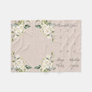 Couverture Polaire Rose florale Bébé blanc brillant mois jalon