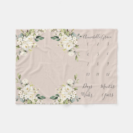 Couverture Polaire Rose florale Bébé blanc brillant mois jalon (Devant (Horizontal))