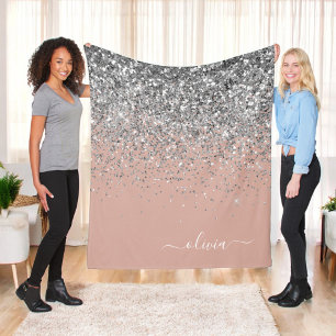 Couverture Polaire Rose Gold Argent Pailleté Monogramme Rose Blush
