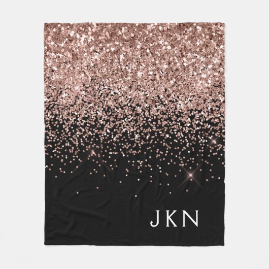Couverture Polaire Rose Gold Blush Rose Noir Paillettes Monogramme (Devant)