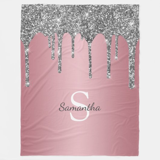 Couverture Polaire Rose Gold Pink Monogram Nom Paillettes Argentées (Devant)