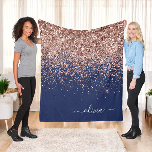 Couverture Polaire Rose Gold Rose Pâle Bleu Nuit Paillettes Monogramm