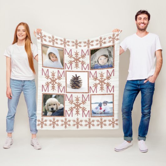 Couverture Polaire Rose Gold Snowflake Optionnel Monogramme 5 Photo (En situation)