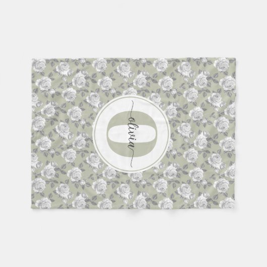 Couverture Polaire Rose Jardin Monogramme Sage Vert (Devant (Horizontal))
