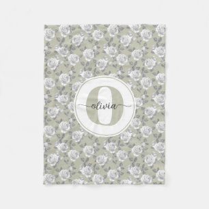 Couverture Polaire Rose Jardin Monogramme Sage Vert