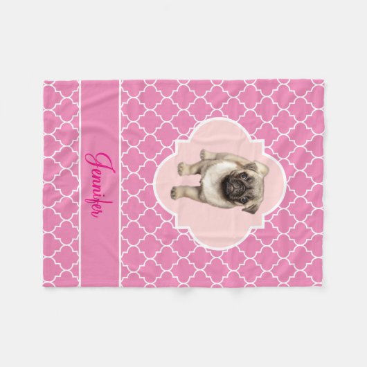 Couverture Polaire Rose mignon Quatrefoil de chiot de carlin avec le (Devant (Horizontal))