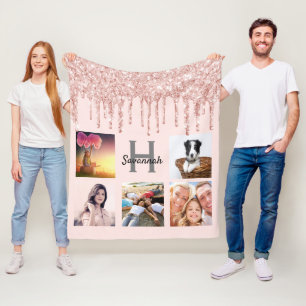 Couverture Polaire Rose or gouttelettes de rougissement nom monogramm