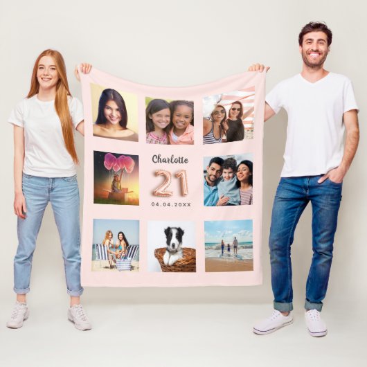 Couverture Polaire Rose or photo collage nom 21e anniversaire (En situation)