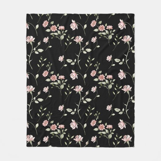 Couverture Polaire Rose Pâle Aquarelle Floral Noir (Devant)
