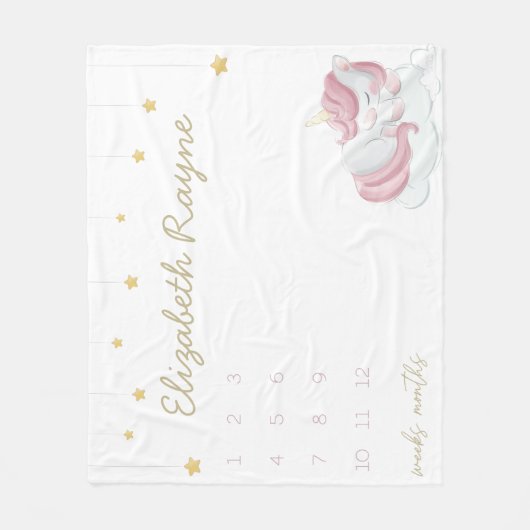 Couverture Polaire Rose Sleeping Unicorn Gold Stars Baby Milestone (Devant)