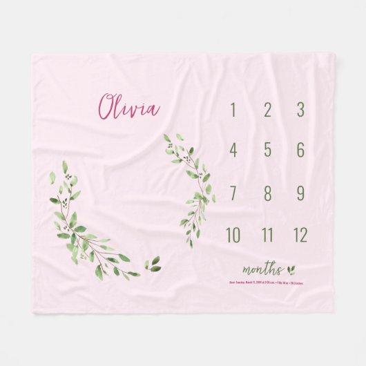 Couverture Polaire Rose Vert Feuilles Baby Girl Monthly Milestone (Devant (Horizontal))