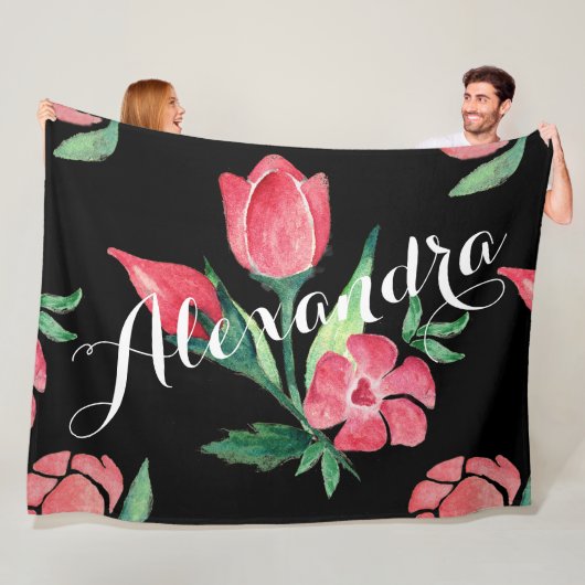 Couverture Polaire Rose vintage rose et Motif noir (En situation)