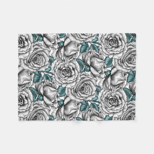 Couverture Polaire Roses blanches avec feuilles bleus (Devant (Horizontal))