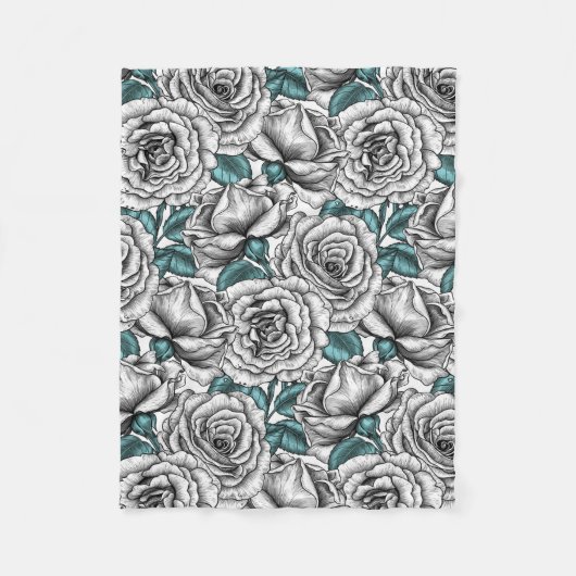 Couverture Polaire Roses blanches avec feuilles bleus (Devant)