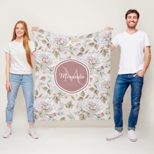 Couverture Polaire Roses crèmes élégants monogramme et nom floraux