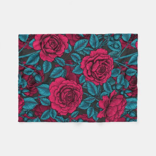 Couverture Polaire Roses en rouge et bleu (Devant (Horizontal))
