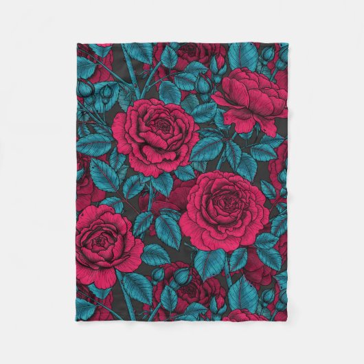 Couverture Polaire Roses en rouge et bleu (Devant)