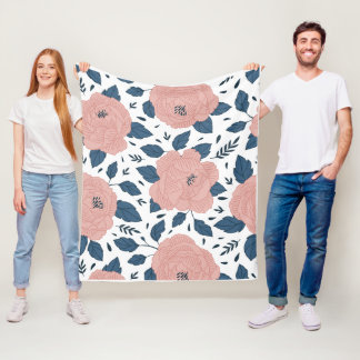 Couverture Polaire roses rose stylisée avec feuilles bleu foncé