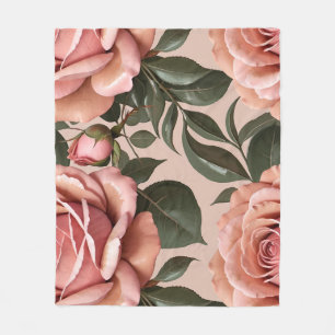 Couverture Polaire Roses roses avec feuilles à coup de pinceau 