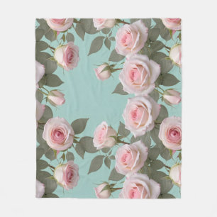 Couverture Polaire Roses roses bébé avec feuilles vert sauge