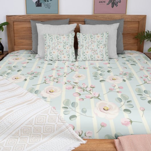 Couverture Polaire Roses roses bleus bandes blanches