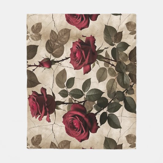 Couverture Polaire Roses Rouge Profond Avec Feuilles Vert Foncé (Devant)