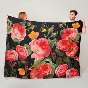 Couverture Polaire ROSES ROUGES ET BOUTEILLES JAUNES Floral noir