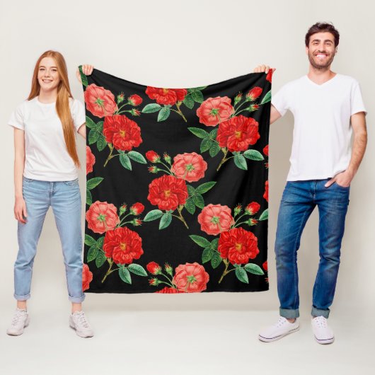Couverture Polaire Roses rouges, fond noir, (En situation)