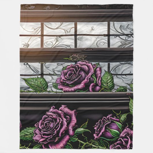 Couverture Polaire Roses violets près de la fenêtre - style gothique (Devant)