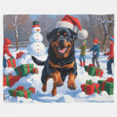 Couverture Polaire Rottweiler coule en neige avec Casquette de Noël (Devant (Horizontal))