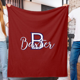 Couverture Polaire Rouge Blanc & Bleu Nom et Monogramme Personnalisé