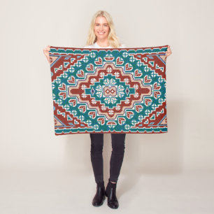 Couverture Polaire Rouge Bleu Turquoise Amérindiens Navajo