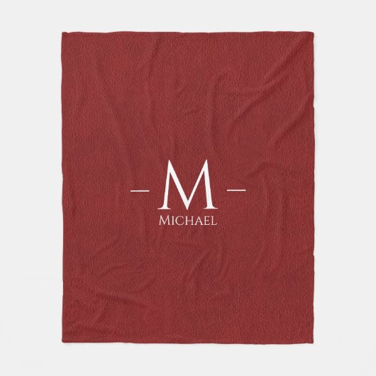 Couverture Polaire Rouge Brown Faux Cuir Monogramme Nom Personnalisé (Devant)